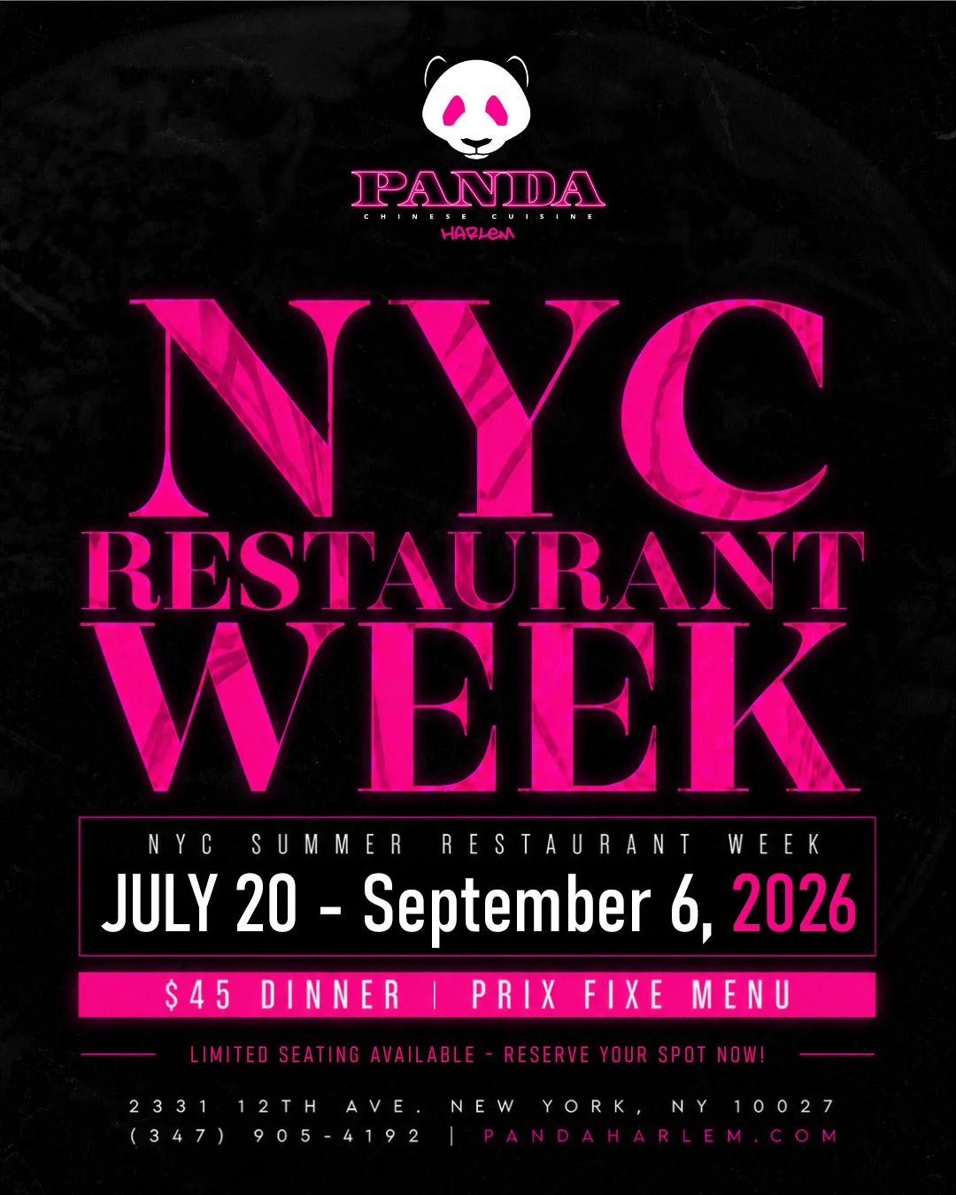 Panda Harlem NYC Summer Restaurant Week 2026, July 20 through September 6, $45 dinner prix fixe menu