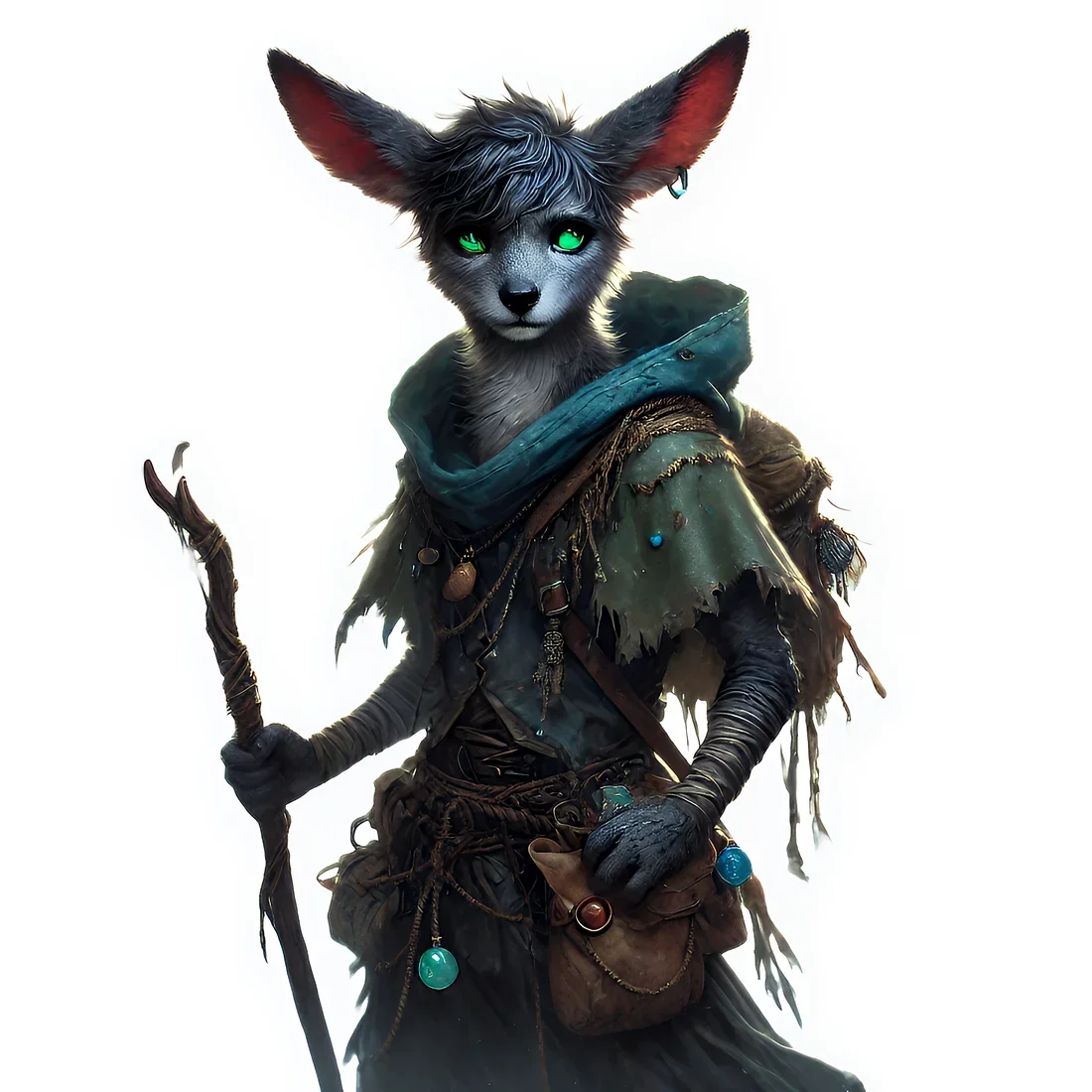 Ninny with green eyes, a weathered cloak and a wooden staff