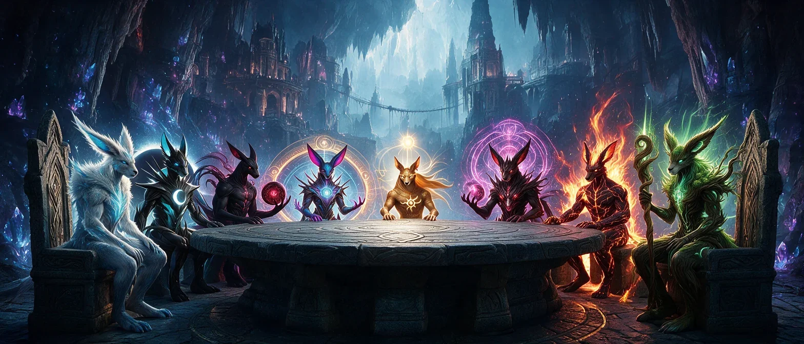 The Ancients gathered around a stone council table in a vast cavern