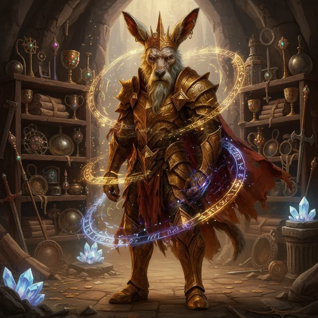 King Creeker in his crown and golden armour, surrounded by magic in the castle