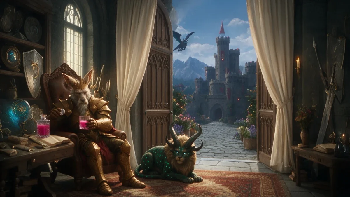 King Creeker and a small horned creature in a sunlit royal chamber