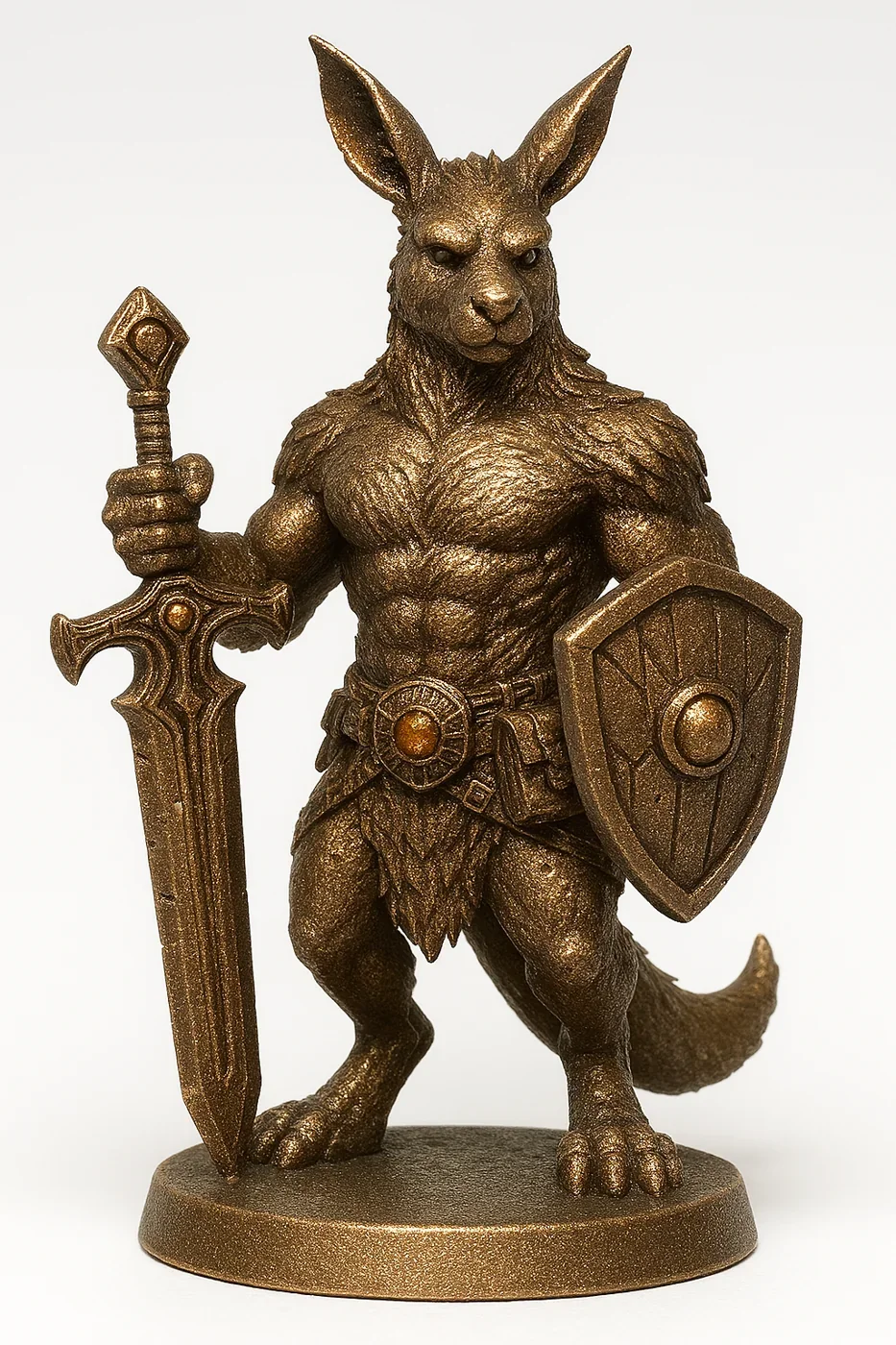 A sculpted warrior-kangaroo collectible concept with sword and shield