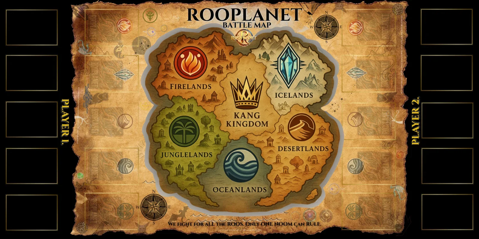 ROOPLANET gameboard featuring the five elemental territories