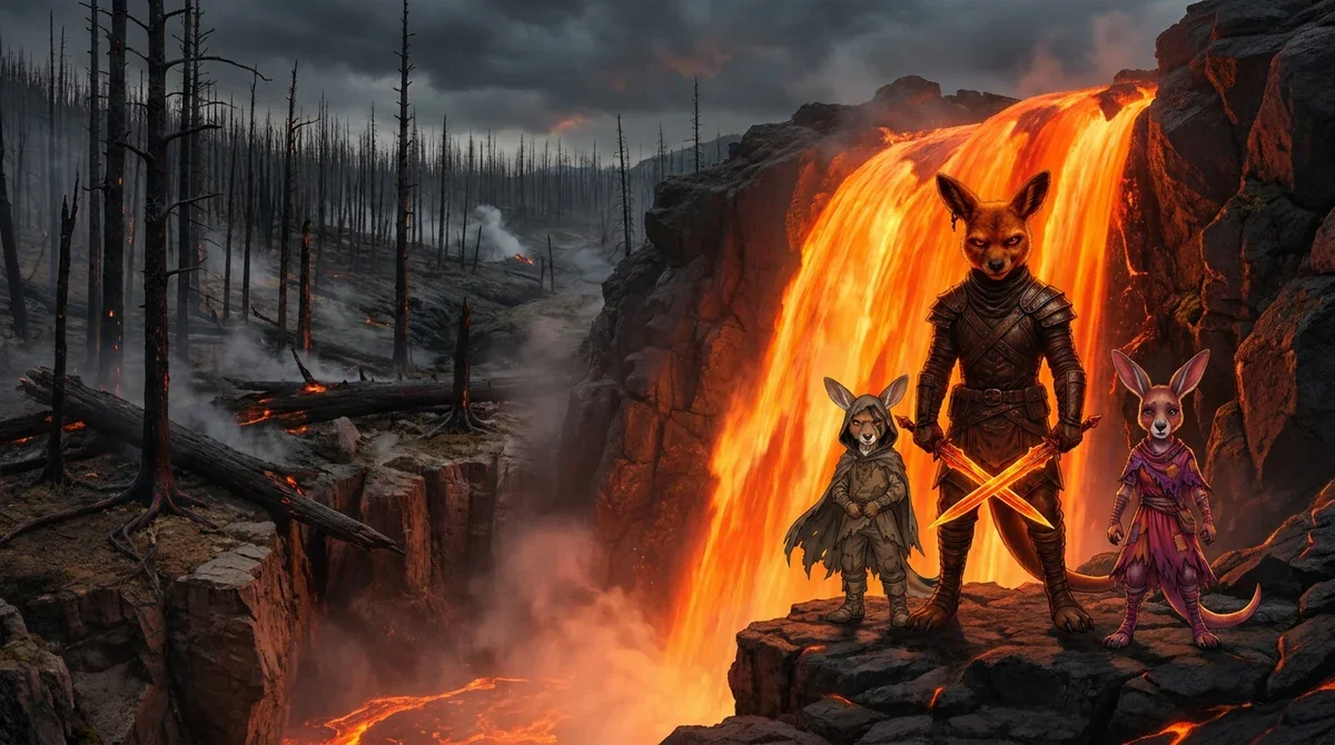 Three young Nooms stand beside a glowing lava waterfall in the Firelands