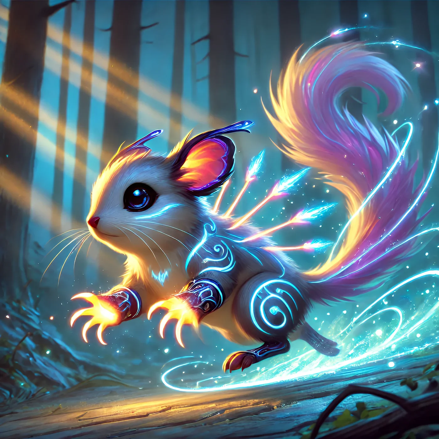 Flexi Nexi, a small magical mouse with a colourful tail and luminous blue markings
