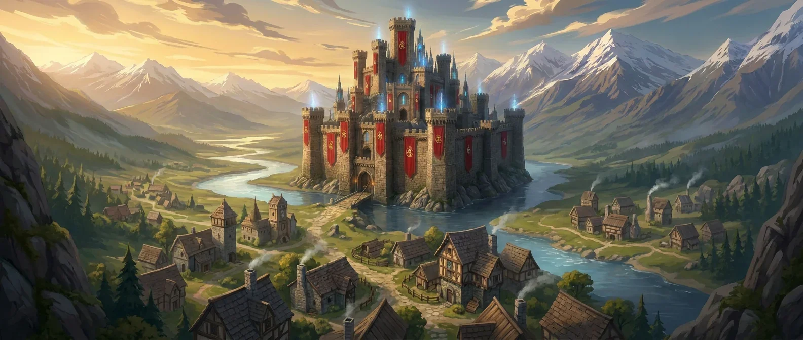 King Creeker’s Castle rises above a river valley and villages in Kang Kingdom