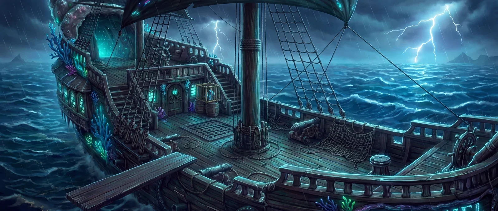 A seashell pirate ship beneath a stormy Oceanlands sky