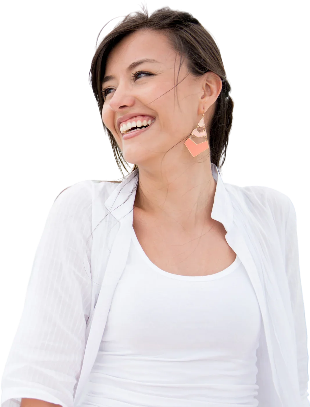 A smiling woman in a white shirt