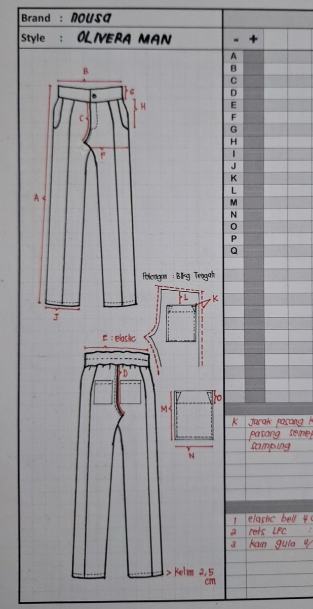 Hand-drawn spec sheet for the Olivera trousers, Nousa Concept