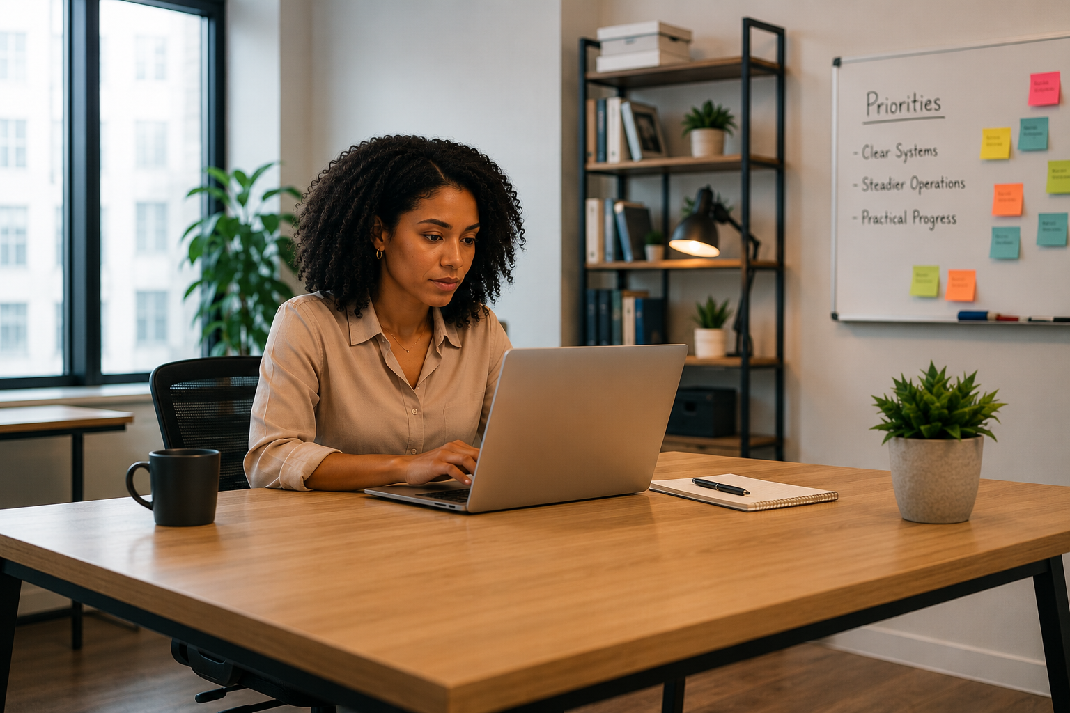 Business professional working with technology systems in an organized office.