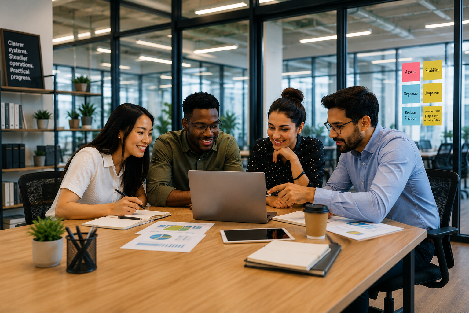Business team collaborating together around a laptop.
