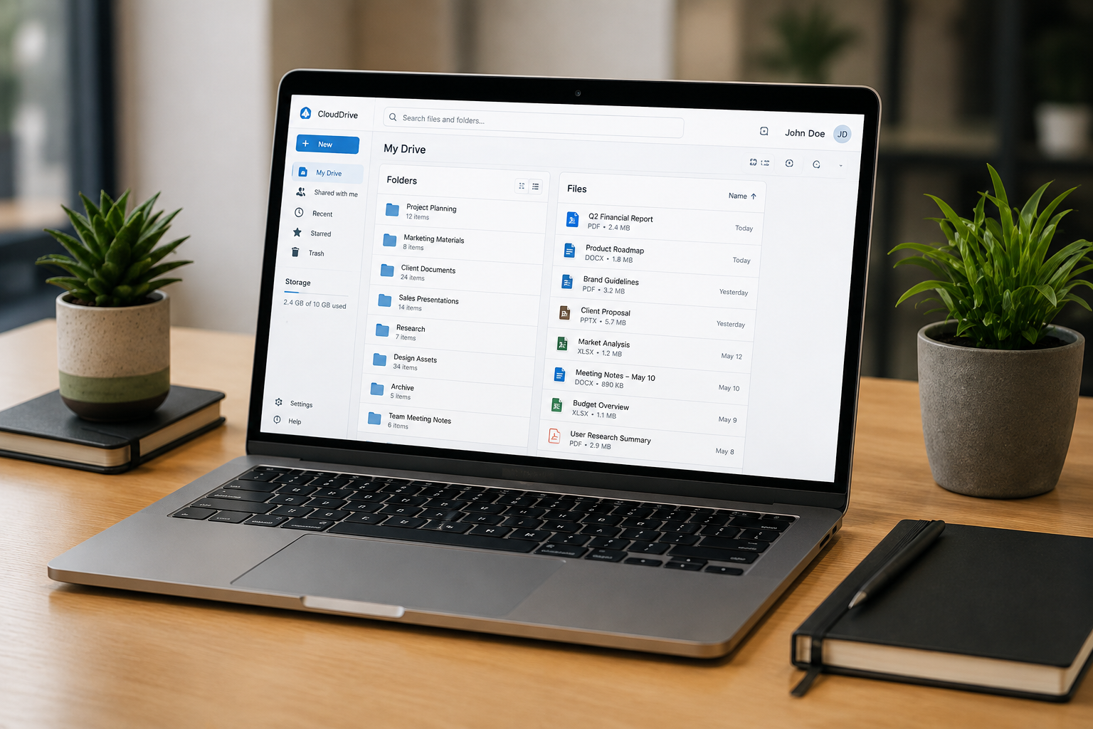 Laptop showing organized business files, folders, and shared technology information.