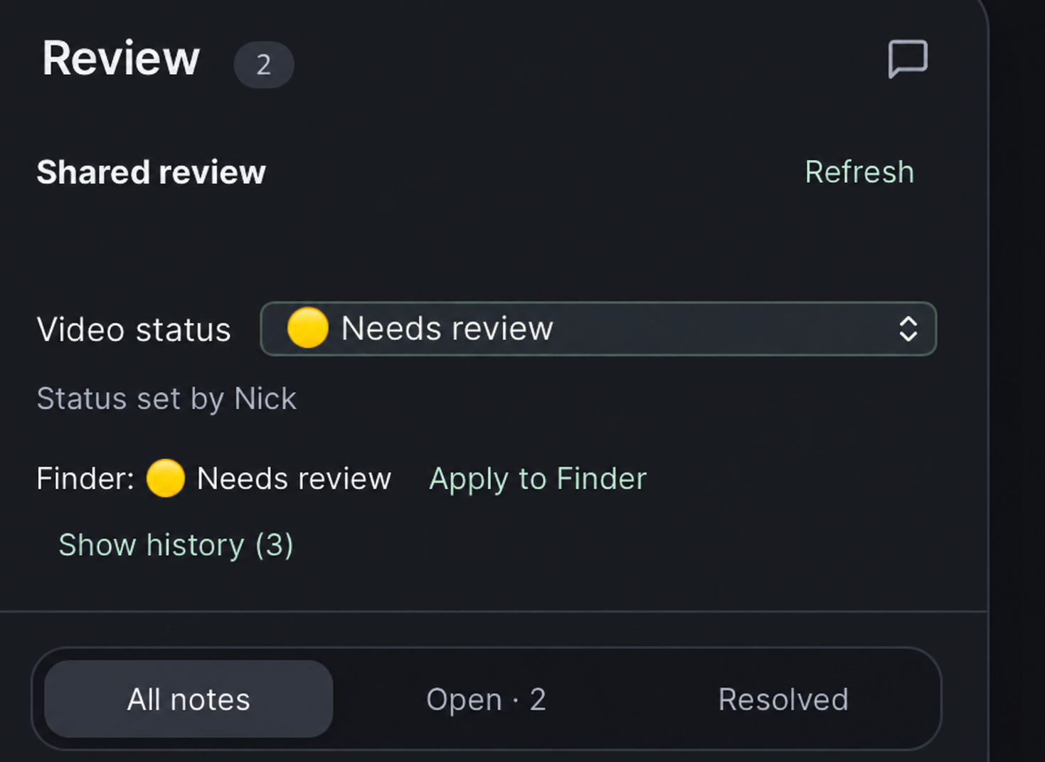 Actual Seed Review status controls showing Needs review, matching Finder status, and Show history