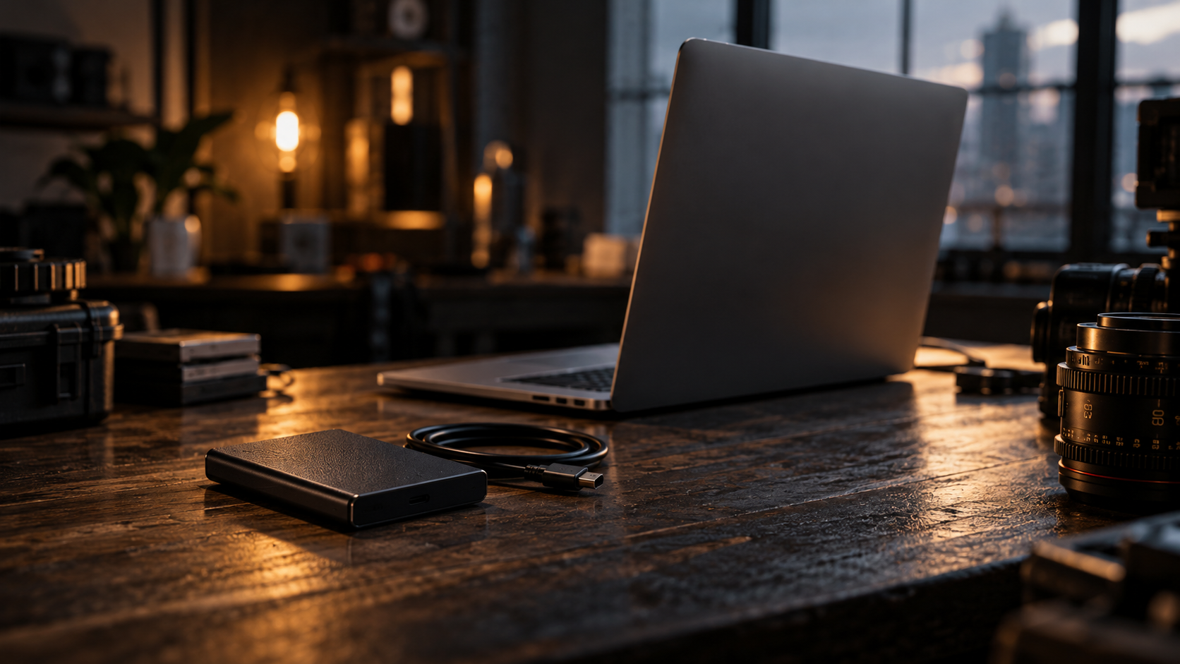 Cinematic editing desk with an external drive and laptop
