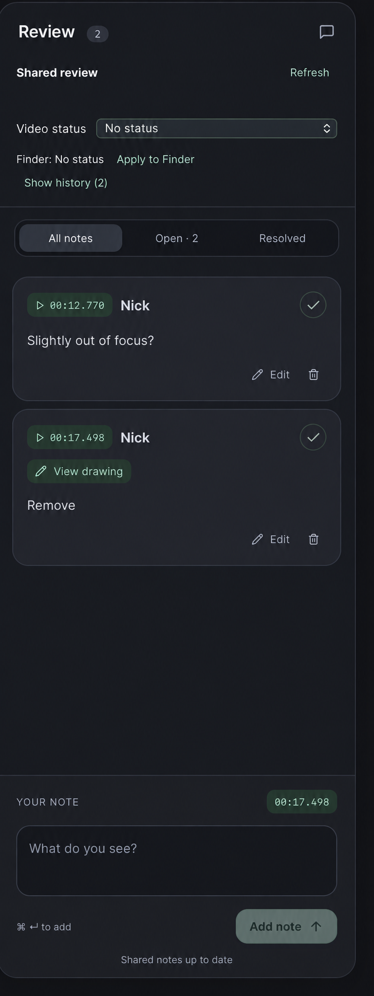 Actual review panel showing two timestamped notes, a View drawing button, edit controls and open or resolved filters