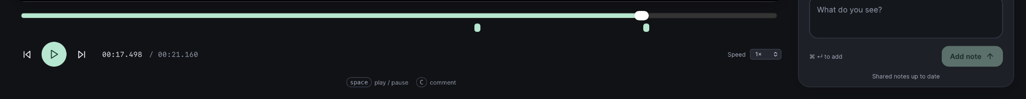 Actual playback controls with mint timeline note markers, playback speed, and keyboard shortcuts