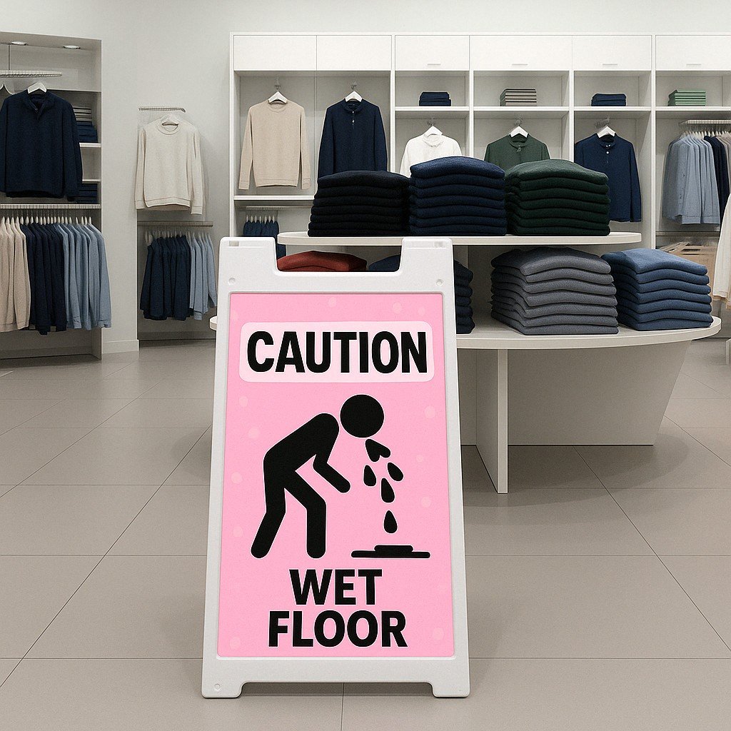 A-frame caution sign demonstrating indoor safety messaging.