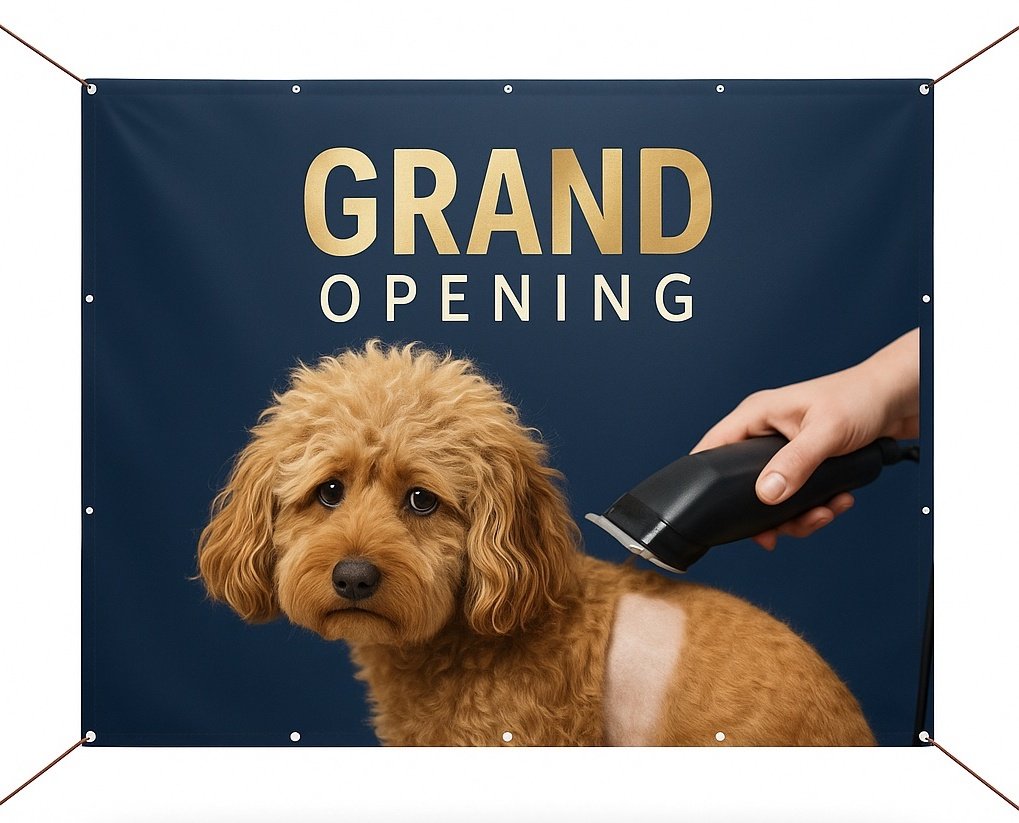 Custom grand opening banner displayed across storefront entrance.