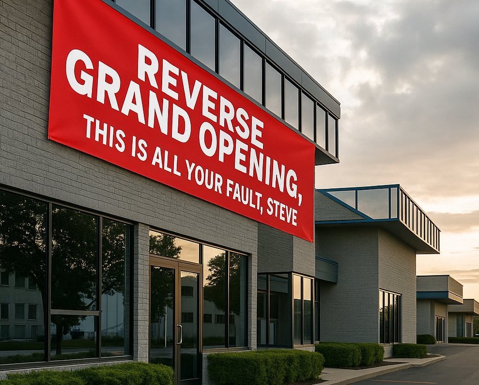Grand opening banner hung on exterior fence near busy street.