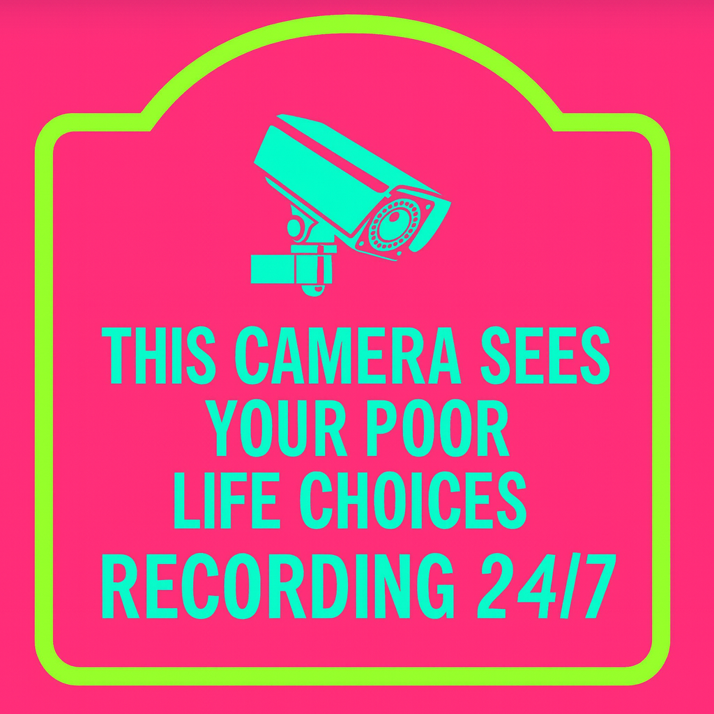 Video surveillance warning sign with eye-catching design and camera graphics