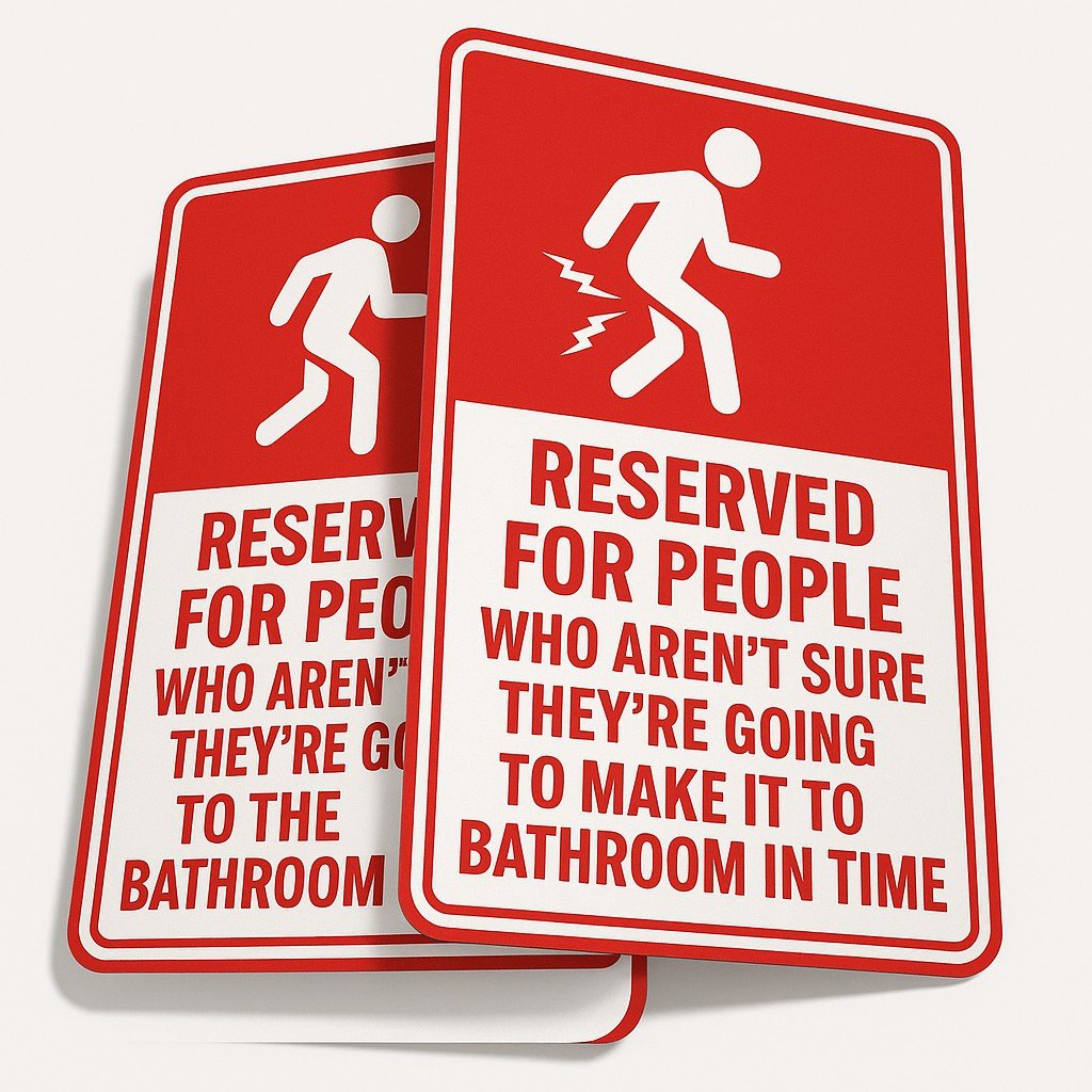 Humorous Dibond restroom sign in white frame