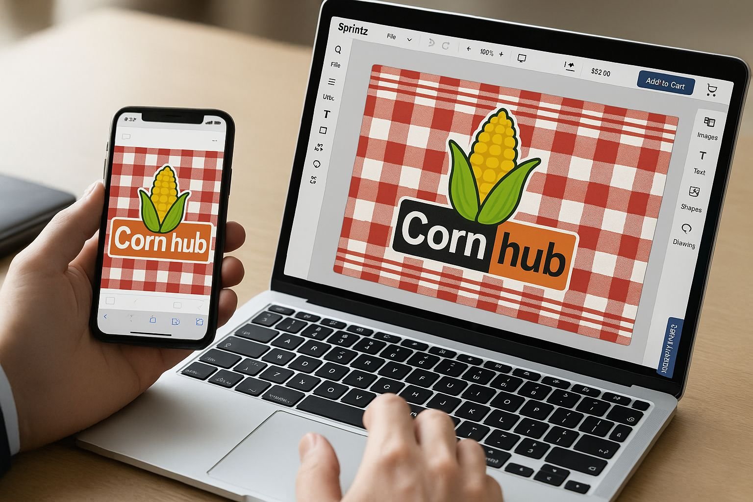 Custom banner design tool shown on laptop and phone