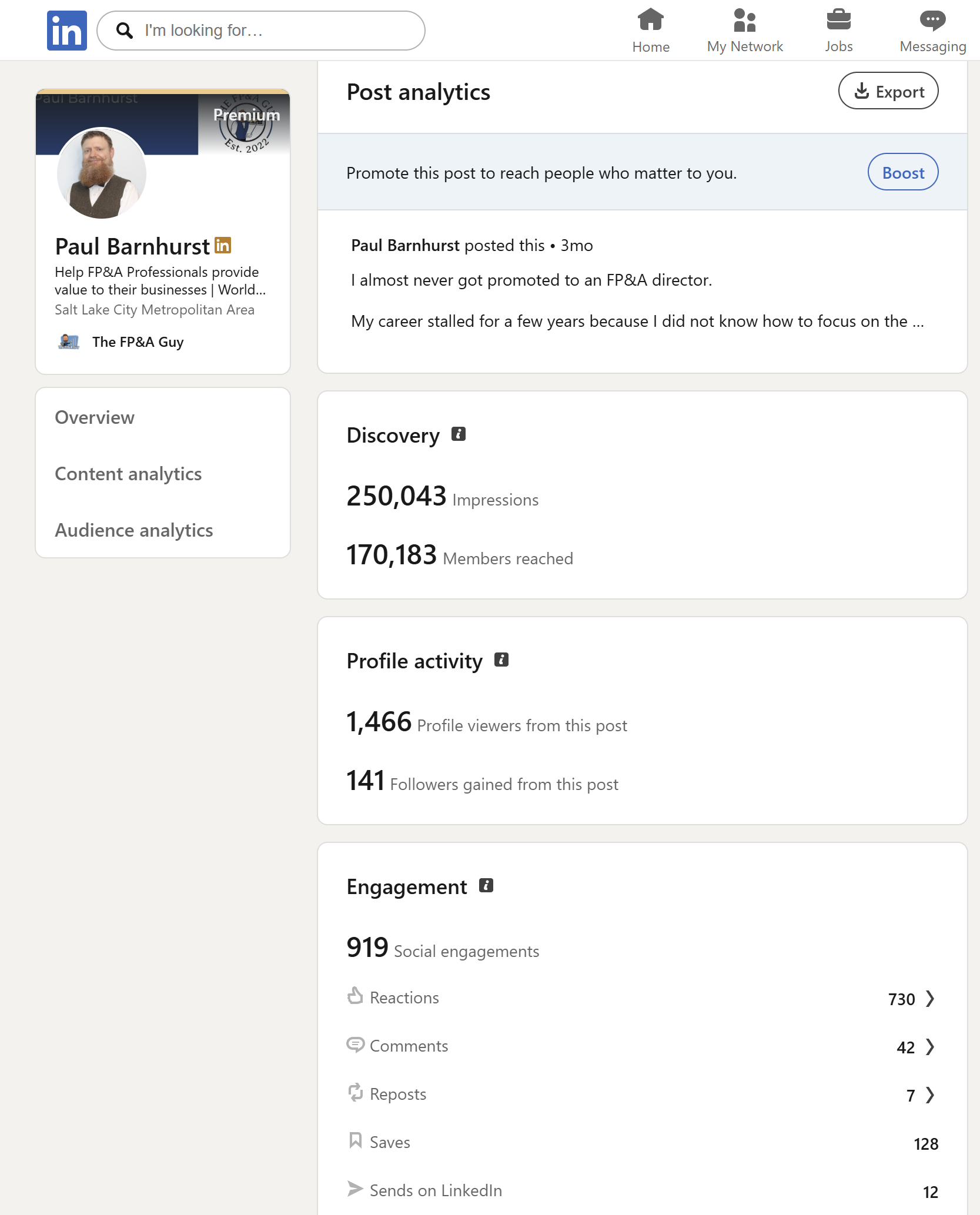 Example of a popular LinkedIn post from The FP&A Guy