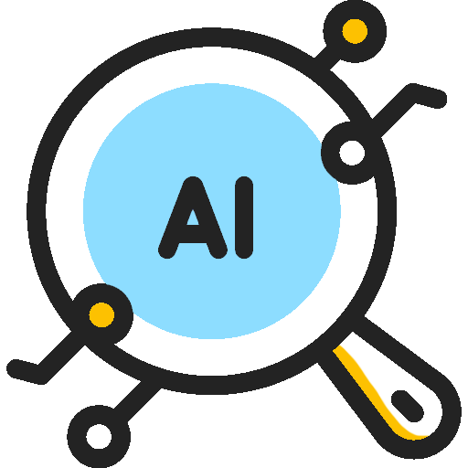 Magnifying glass with AI inside, surrounded by connected nodes, representing AI and data management.
