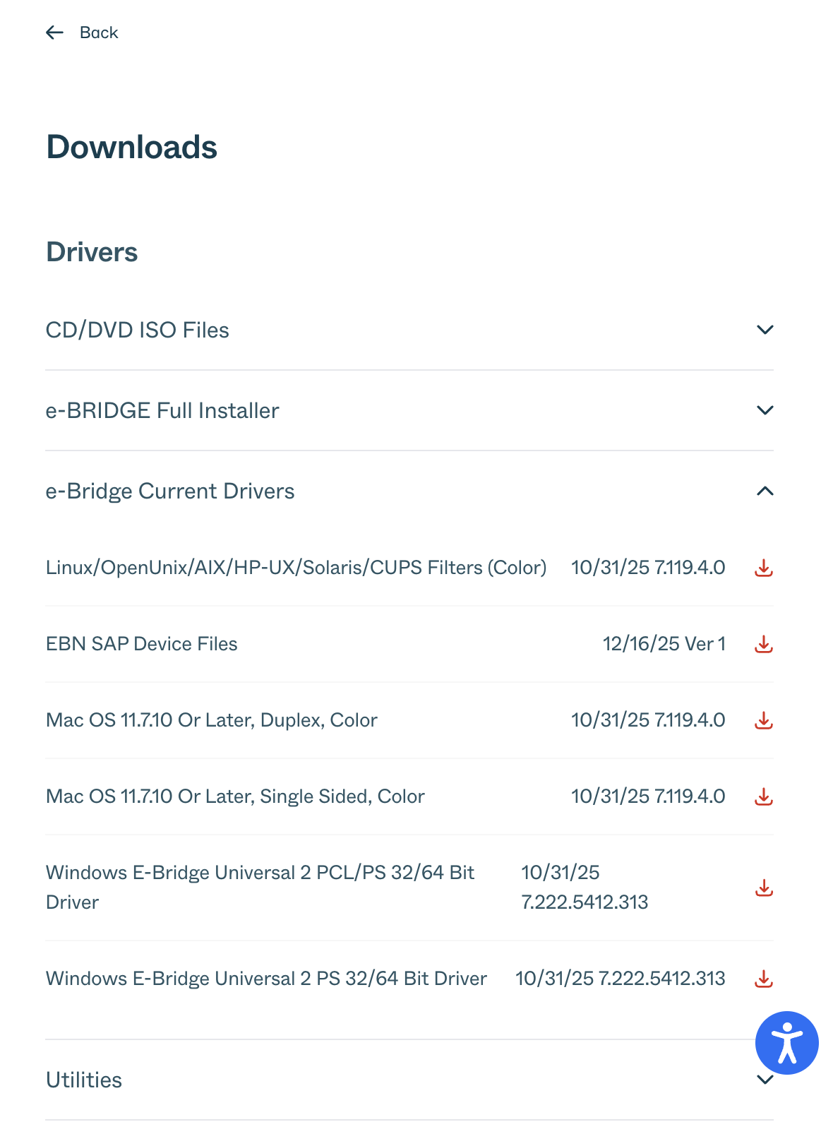 e-Bridge Current Drivers expanded showing Mac OS driver options