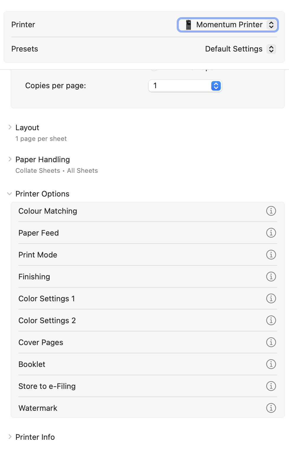 Mac print dialog showing Printer Options expanded with Print Mode and (i) icon