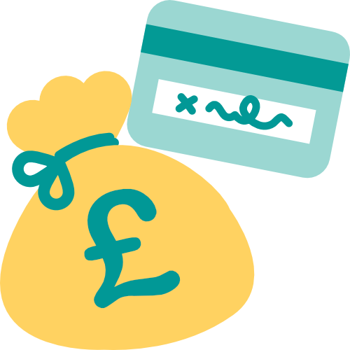 A simple illustration of a credit card and a bag of money.