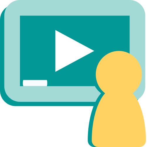 A simple cartoon of a figure stood in front of a chalkboard. There is a Play button on the chalkboard.