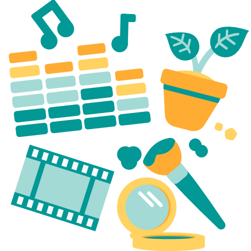 A simple illustration depicting various hobbies: a music equaliser, a pot plant, a strip of celluloid, and a makeup brush and mirror.