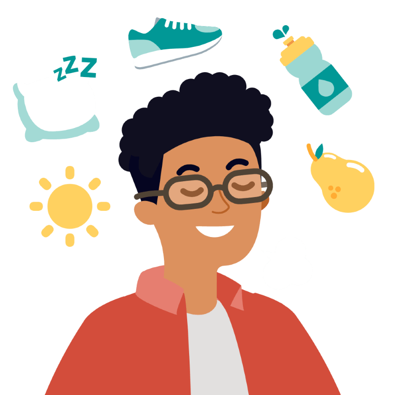 A calm student surrounded by icons representing mental wellbeing, good sleep, exercise, hydration, and healthy eating.