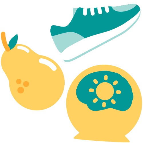A simple illustration of various aspects of healthy living: a brain, a running shoe, and a piece of fruit.