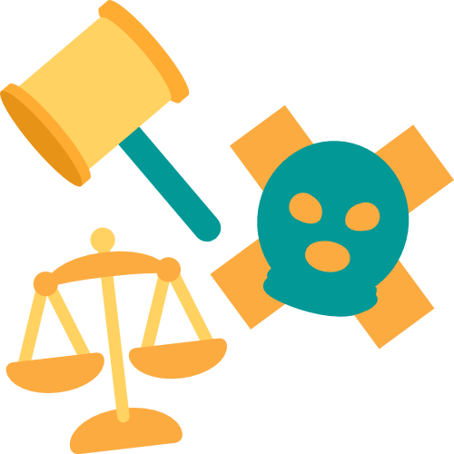 A simple illustration depicting various aspects of law and order: a gavel, a balaclava, and a set of scales.