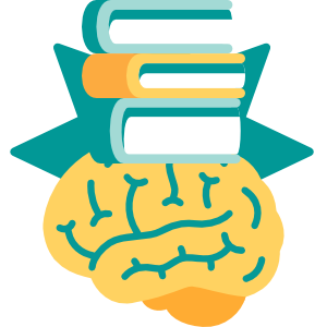 A simple illustration of a brain carrying a stack of books, representing teaching and learning skills.