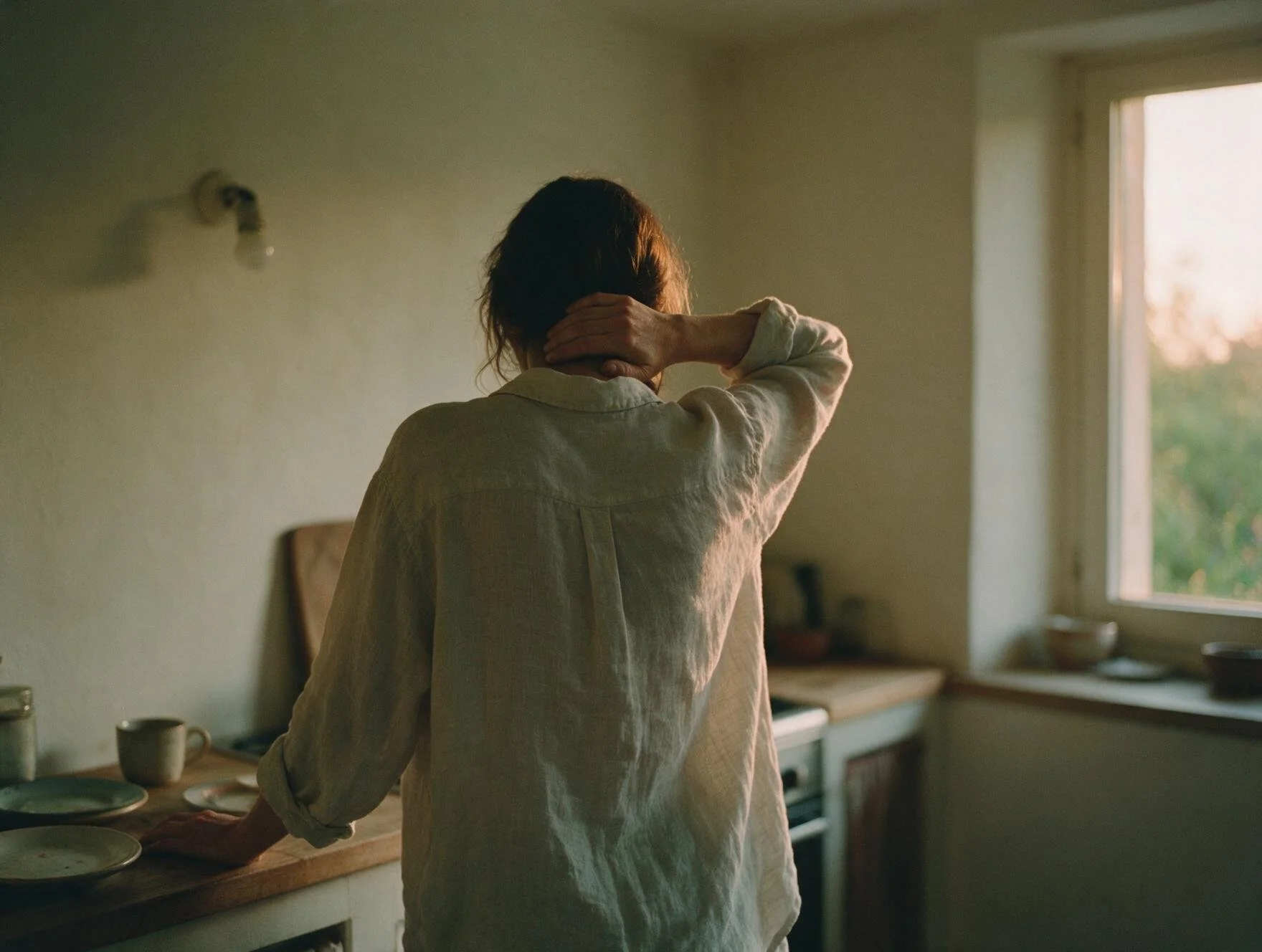 Femme de dos dans sa cuisine le soir, une main sur la nuque, épuisée par la surcharge émotionnelle