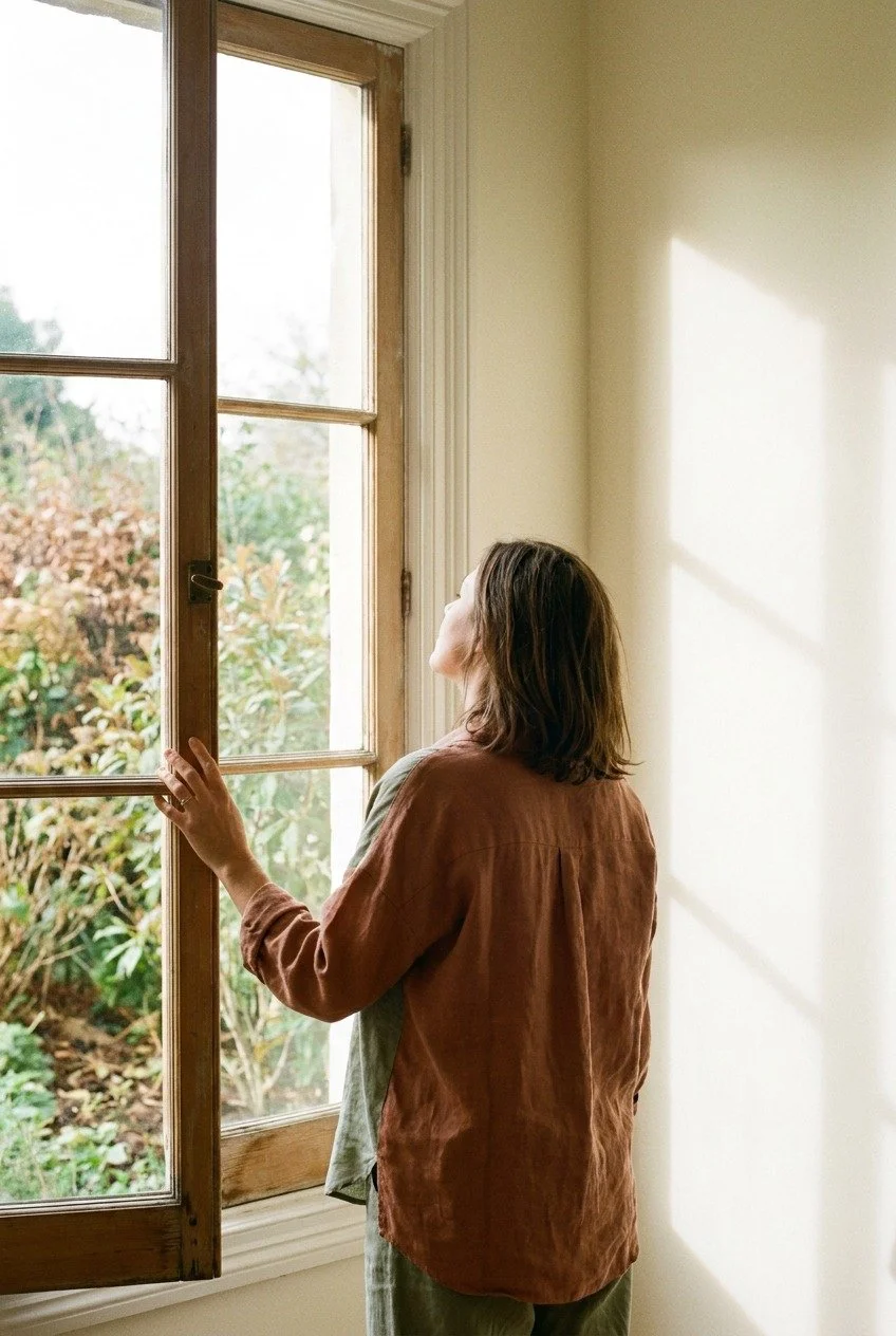 Femme ouvrant une fenêtre sur un jardin, apaiser la peur de l'abandon