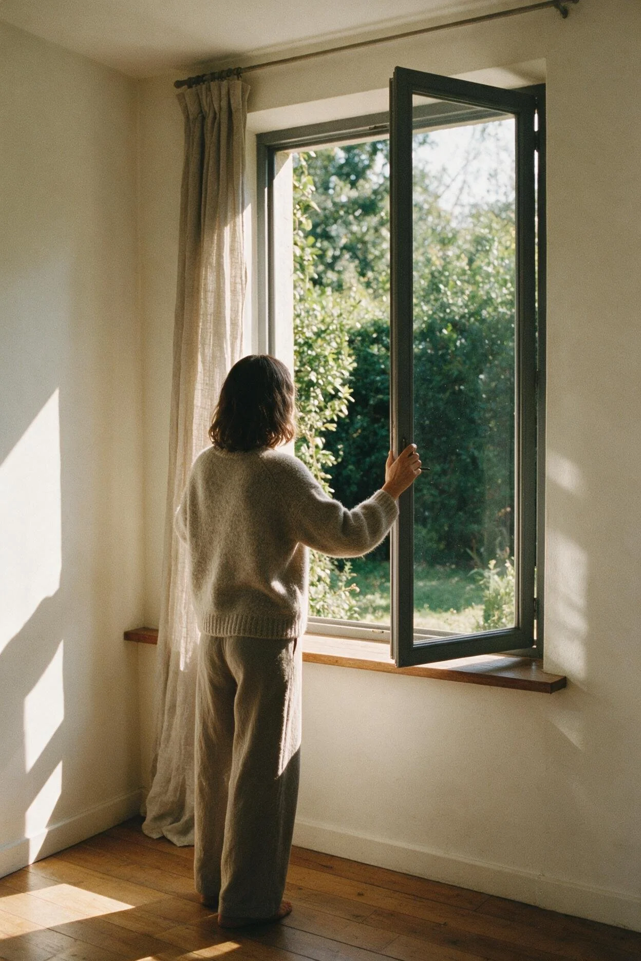 Femme de dos ouvrant une fenêtre sur un jardin, lumière du jour, fatigue émotionnelle