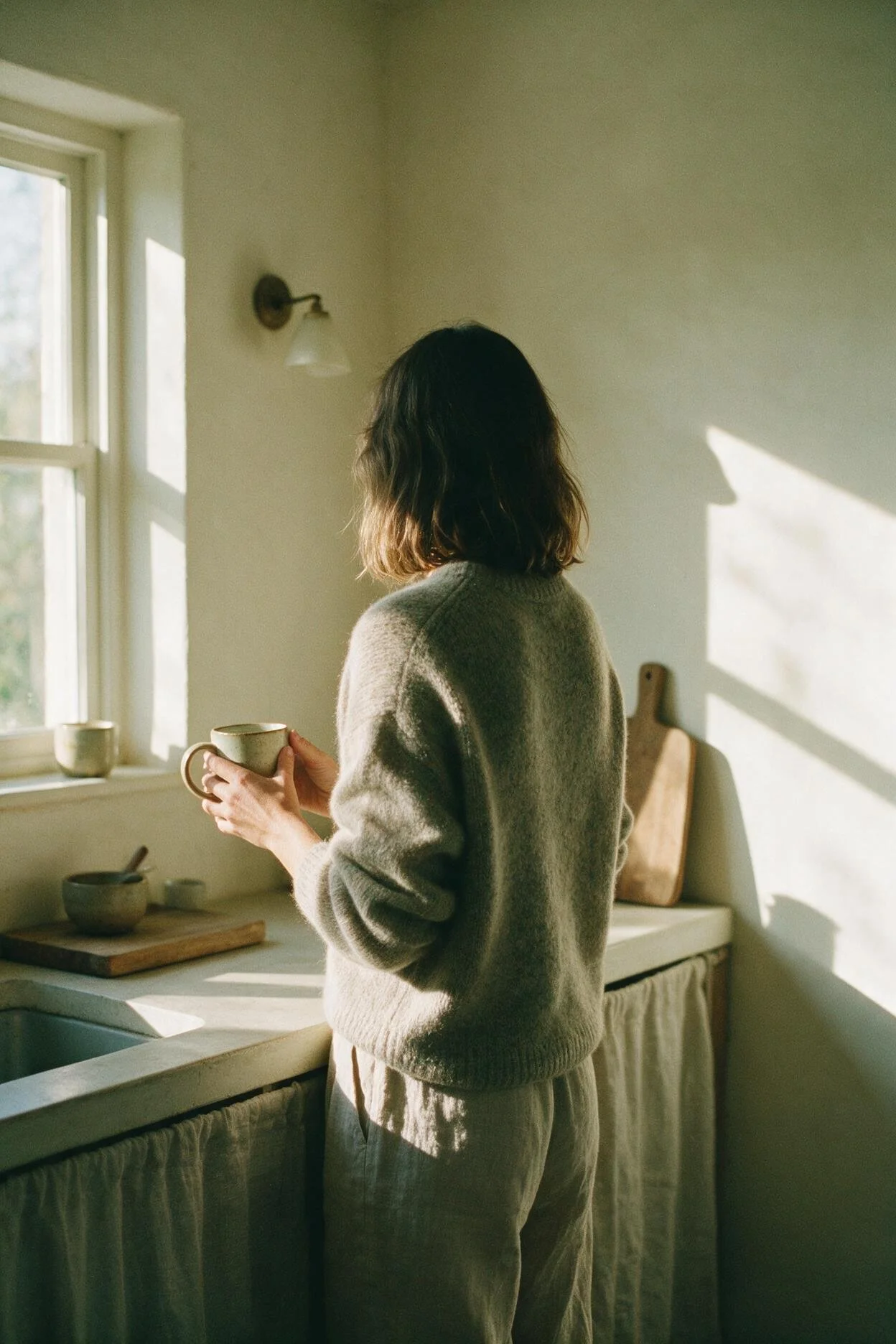 Femme de dos en pull de laine tenant un mug près de la fenêtre d'une cuisine claire, fatigue émotionnelle