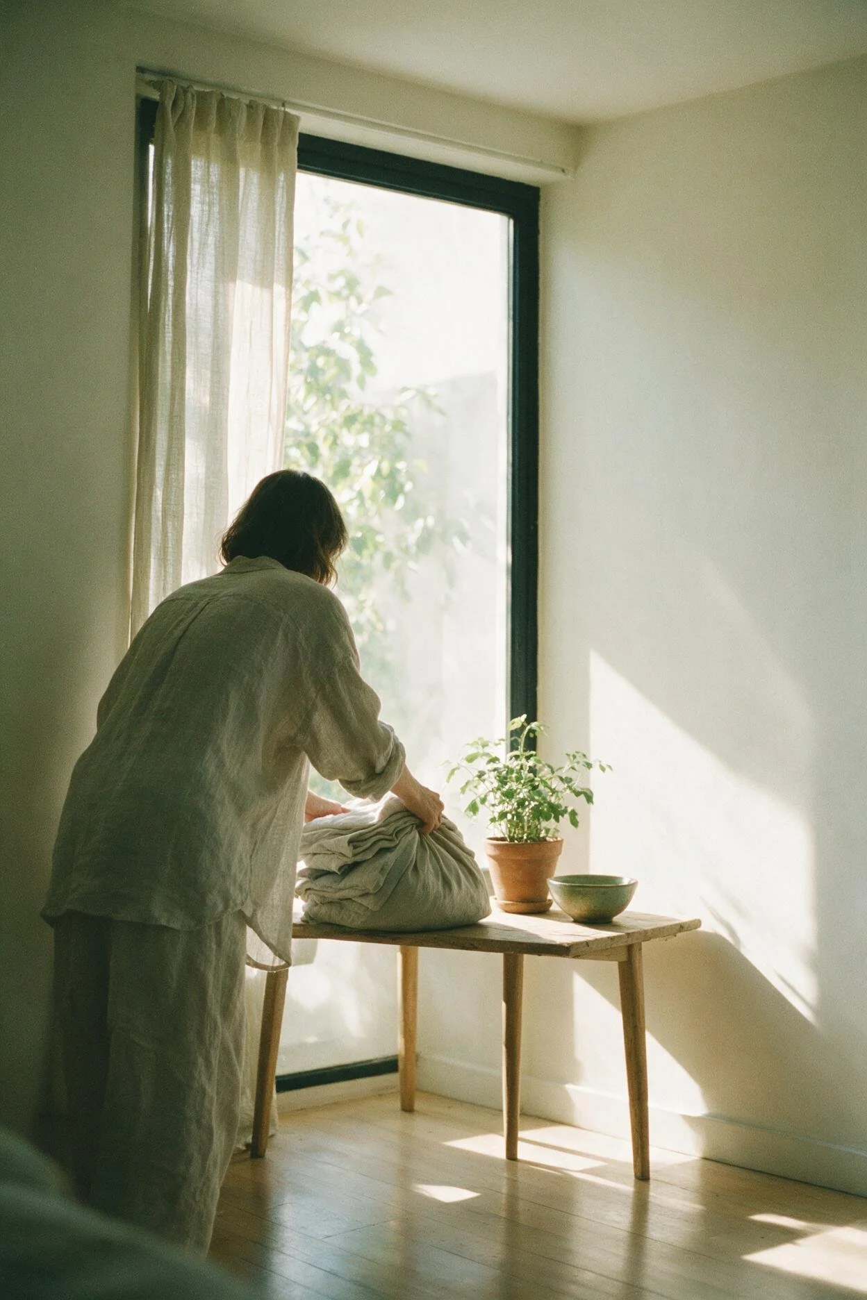 Femme de dos qui pose une pile de linge sur une table, déposer ce qui pèse pour sortir de la surcharge émotionnelle
