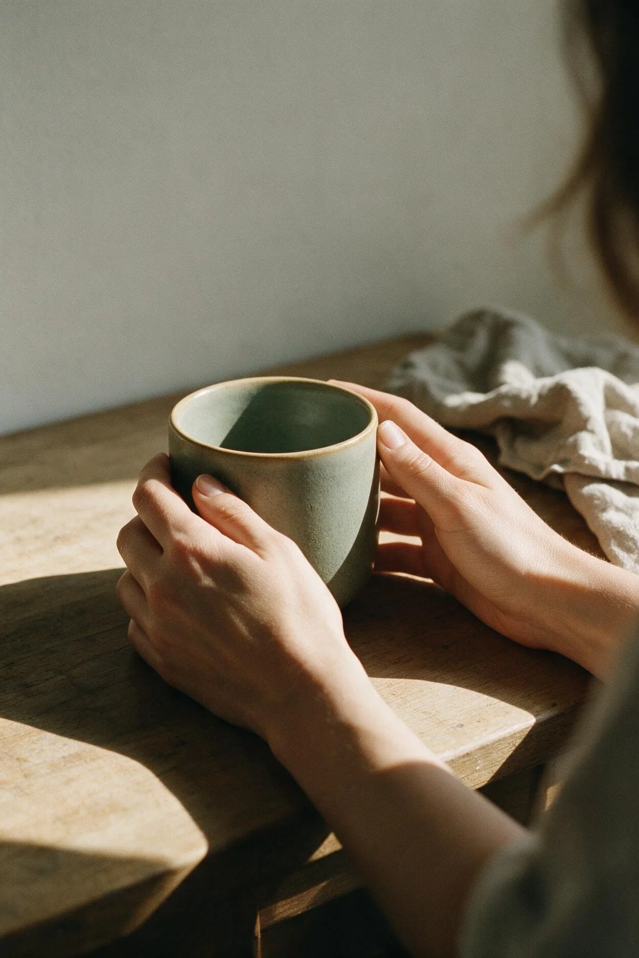 Une femme de dos dans sa cuisine le matin, une tasse dans les mains.