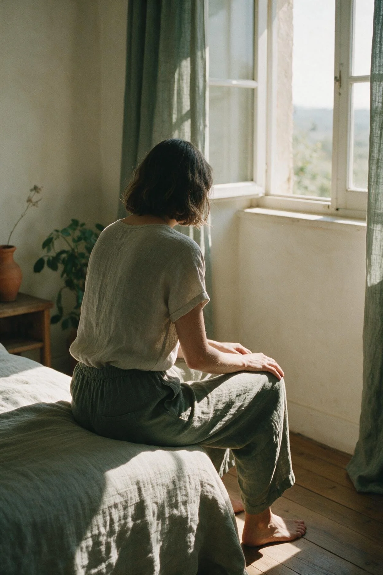 Femme de dos assise au bord d'un lit, un moment de pause face à la surcharge émotionnelle