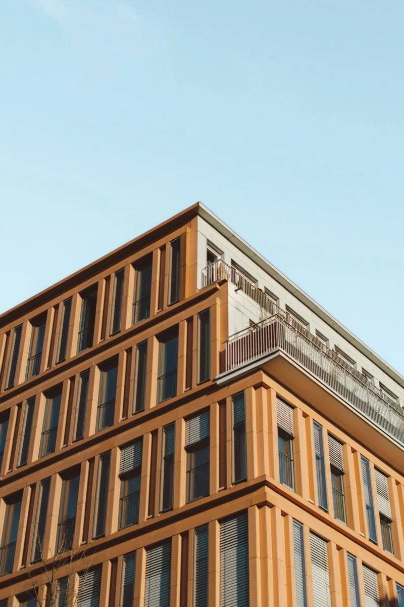 The corner of a modern office building