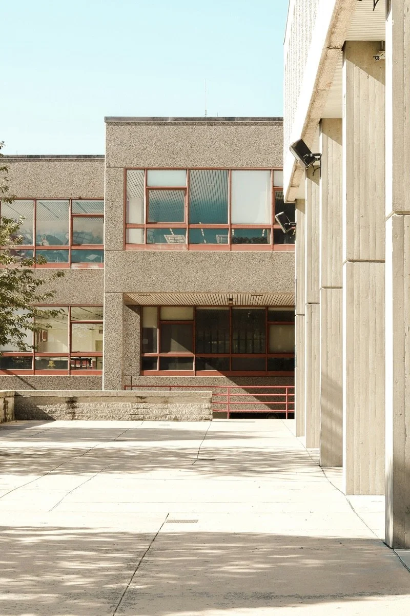 A school building and its courtyard
