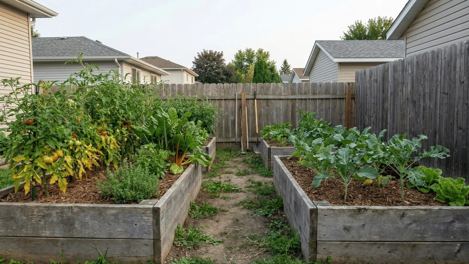 Mixed vegetables growing in wooden raised beds in a Scotts Valley summer garden