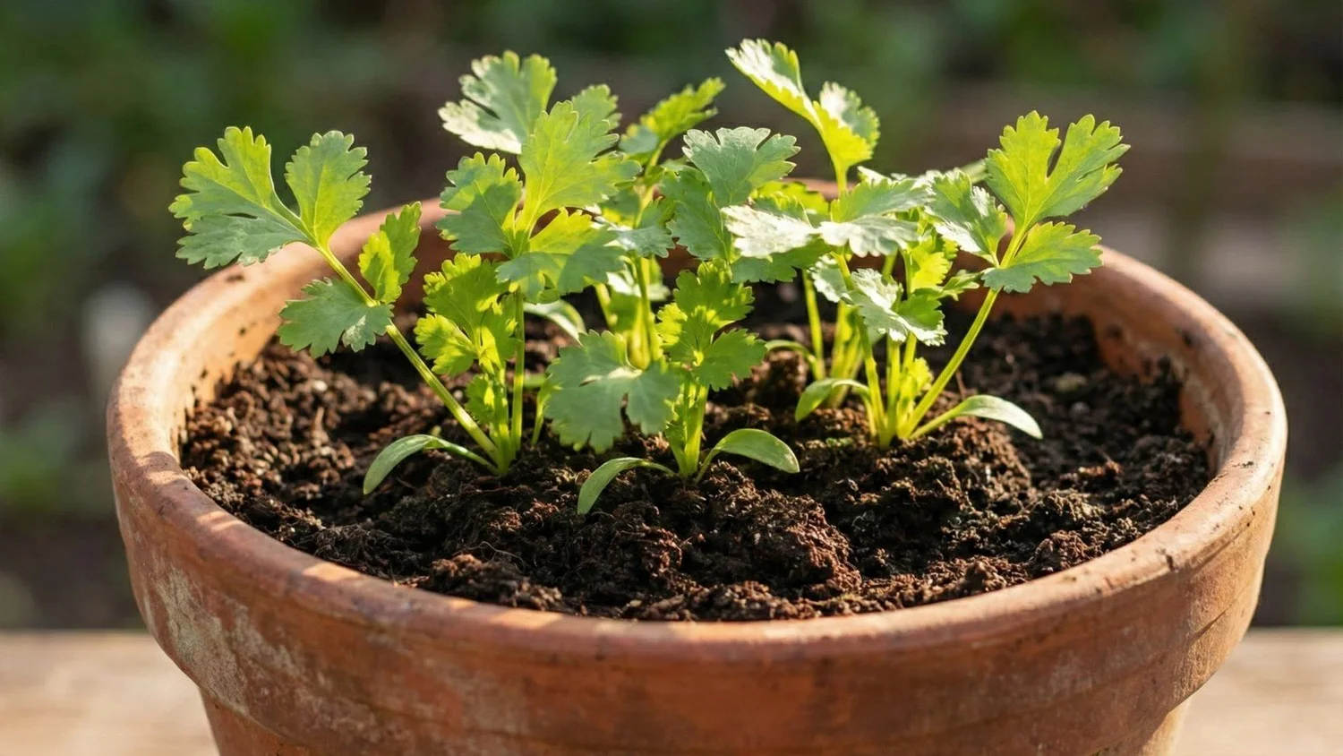 Cilantro seedlings growing in a terracotta container in a Capitola garden