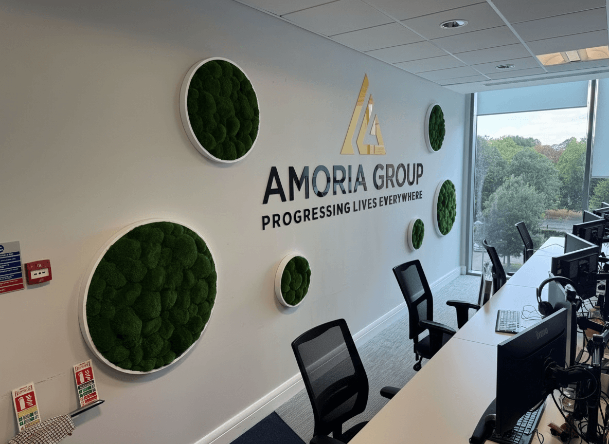 Amoria Bond office branding and biophilic feature wall by Design Metric