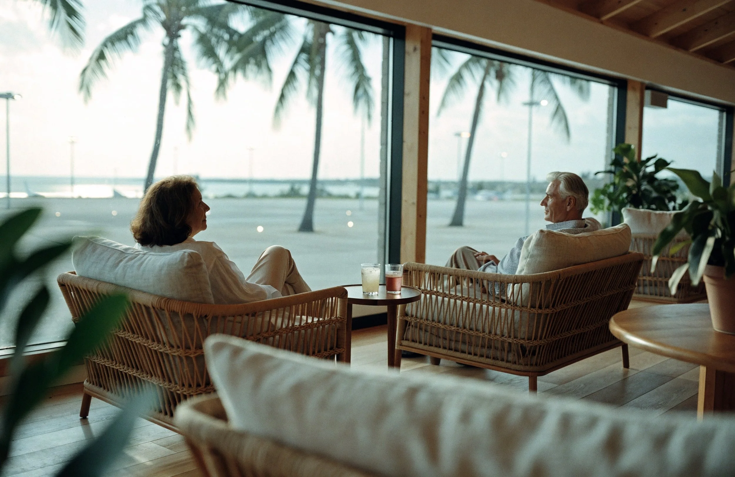 Guests waiting in a quiet departure lounge at Nassau airport